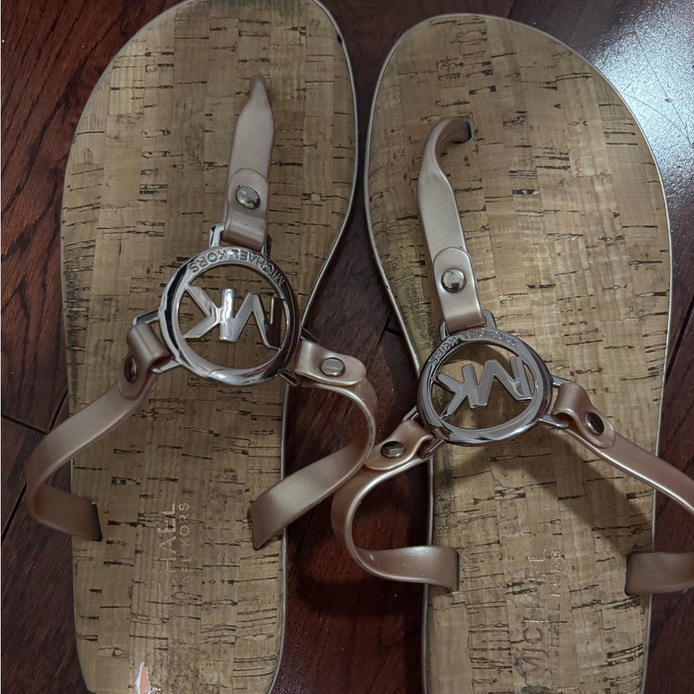 Michael Kors Tan Cork Sandals with Silver Logo